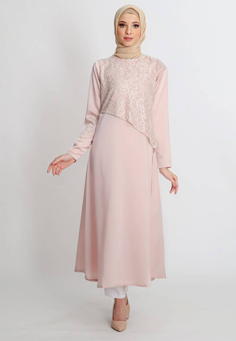 Azzar Jayla Maxi Dress With Peach Lace Women's Muslimah Fashion